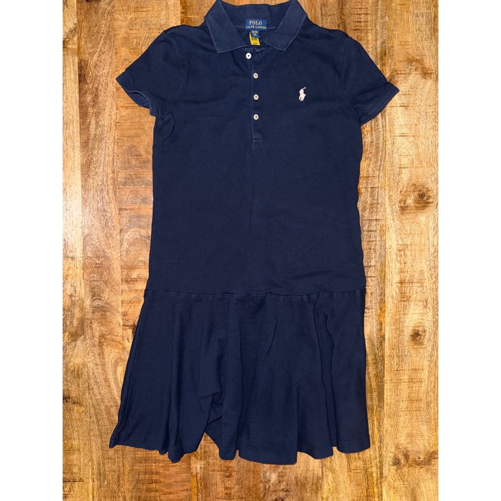 Polo Ralph Lauren Girls Navy Blue Short Sleeve Polo Dress XL 16 White Pony
